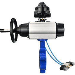 Затвор дисковый поворотный WBV1616E-2W-Fb-H Ду150 Ру16 LUG корпус - чугун QT450, диск - чугун QT450, уплотнение - EPDM, с пневмоприводом PA-DA-105-1, пневмораспределителем 4V320-10 AC220V и БКВ APL-510N EX