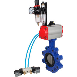 Затвор дисковый поворотный WBV1631E-2W-Fb-H Ду50 Ру16 LUG, корпус - чугун QT450, диск - нержавеющая сталь 304, уплотнение - EPDM, с пневмоприводом PA-SA-083, пневмораспределителем 4M320-08 AC220V и БПВ AFC2000