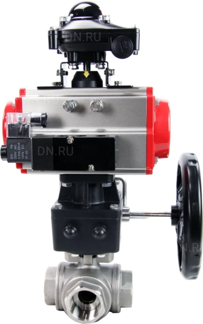 Кран шаровой BV3232P(4pc)-SP-3WL-T-ISO-H Ду25 Ру63 стандартнопроходной трехходовой L-тип, нерж. сталь SS316, внутренняя резьба, PTFE, пн.приводом PA-DA-065, пн.распределителем 4M310-08 DC24V, БКВ APL-210N и ручным дублером MON1-250-T26-ISO