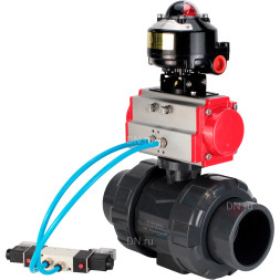 Кран шаровой BV4242E-FP-GRM-ISO Дн40 Ру10 полнопроходной, корпус - НПВХ, шар - НПВХ, уплотнение - EPDM, с пневмоприводом PA-SA-065, пневмораспределителем 4V320-08 AC220V и БКВ APL-510N EX