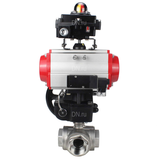 Кран шаровой BV3232P(4pc)-SP-3WL-T-ISO-H Ду80 Ру40 стандартнопроходной трехходовой L-тип, нержавеющая сталь SS316, внутренняя резьба, PTFE, пн.привод PA-DA-083, пн.распределитель 4M310-08 DC24V, БКВ APL-410N EX и ручным дублером MON2-450-T28-ISO