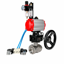 Кран шаровой BV3232P(4pc)-SP-3WL-T-ISO-H WDVF Ду40 Ру63 стандартнопроходной, 3-ходовой L-тип, внутренняя резьба, с пневмоприводом PA-DA-083, пневмораспределителем 4V320-10 AC220V, БПВ AFC2000 и ручным дублером MON1-250-T26-ISO