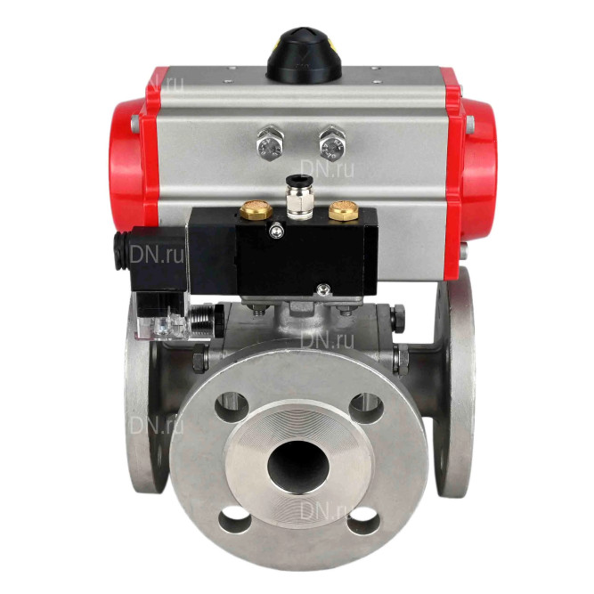 Кран шаровой BV3232P(4pc)-FP-3WL-F Ду40 Ру16 полнопроходной трехходовой, фланцевый, корпус - нержавеющая сталь SS316, с пневмоприводом PA-SA-105 с возвратными пружинами и пневмораспределителем 4M310-08 AC220V