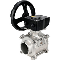 Кран шаровой BV3232P(3pc)-FP-W-ISO-H Ду65 Ру25 полнопроходной двухходовой, нержавеющая сталь SS316, под приварку, уплотнение - PTFE, с ISO фланцем и редуктором HAM RQN-Z