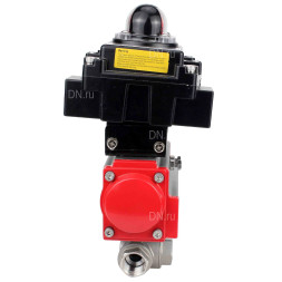 Кран шаровой BV3232P(4pc)-SP-3WL-T-ISO-H Ду10 Ру63 стандартнопроходной трехходовой L-тип, нержавеющая сталь SS316, внутренняя резьба, уплотнение - PTFE, с пневмоприводом PA-DA-52 и блоком концевых выключателей APL-410N EX