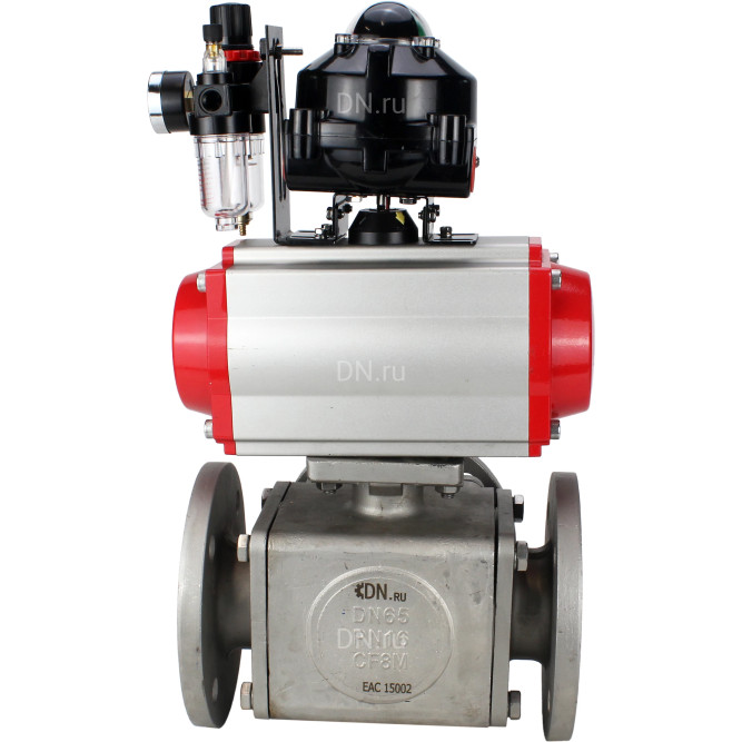 Кран шаровой BV3232P(4pc)-FP-3WL-F Ду15 Ру16 полнопроходной трехходовой, фланцевый, корпус - нержавеющая сталь SS316, с пневмоприводом PA-SA-052 с возвратными пружинами, пневмораспределителем 4M310-08 DC24V, БКВ APL-510N EX и БПВ AFC2000