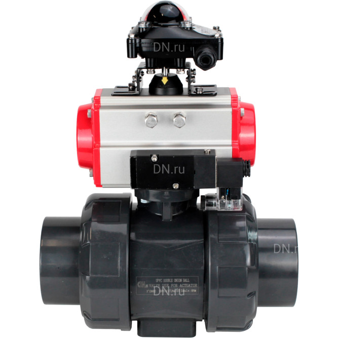 Кран шаровой BV4242E-FP-GRM-ISO Дн32 Ру10 полнопроходной, корпус - НПВХ, шар - НПВХ, уплотнение - EPDM, с пневмоприводом PA-DA-052, пневмораспределителем 4M310-08 AC220V и БКВ APL-210N