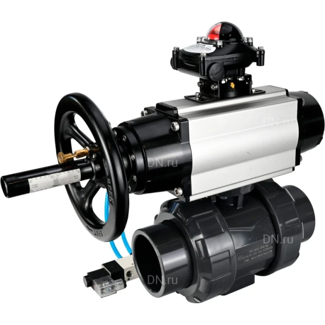 Кран шаровой BV4242E-FP-GRM-ISO Дн65 Ру10 полнопроходной, корпус - НПВХ, шар - НПВХ, уплотнение - EPDM, с пневмоприводом PA-DA-105-1, пневмораспределителем 4V320-08 AC220V и БКВ APL-210N