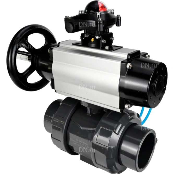 Кран шаровой BV4242E-FP-GRM-ISO Дн65 Ру10 полнопроходной, корпус - НПВХ, шар - НПВХ, уплотнение - EPDM, с пневмоприводом PA-DA-105-1, пневмораспределителем 4V320-08 AC220V и БКВ APL-210N