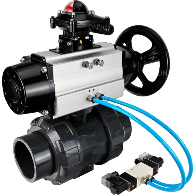 Кран шаровой BV4242E-FP-GRM-ISO Дн65 Ру10 полнопроходной, корпус - НПВХ, шар - НПВХ, уплотнение - EPDM, с пневмоприводом PA-DA-105-1, пневмораспределителем 4V320-08 AC220V и БКВ APL-210N