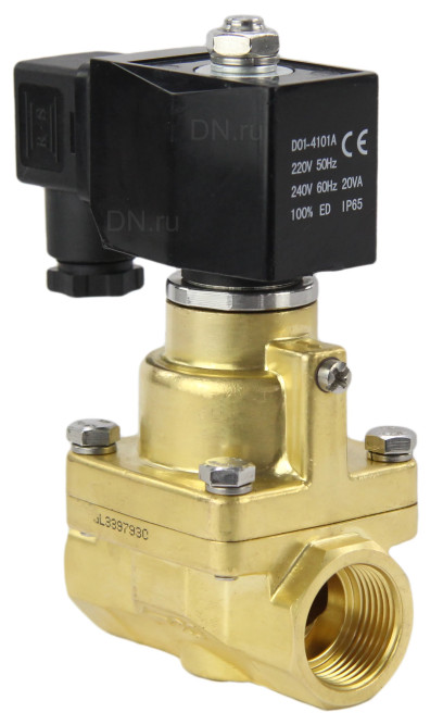 Клапан электромагнитный VS1000-PT-NC-24VAC 1 1/4″ Ду32 Ру12 соленоидный двухходовой поршневой, резьбовой, корпус - латунь, уплотнение - PTFE, пилотного действия, нормально закрытый, катушка - 24В AC