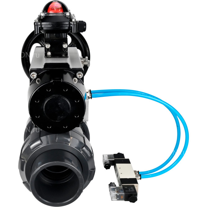 Кран шаровой BV4242E-FP-GRM-ISO Дн80 Ру10 полнопроходной, корпус - НПВХ, шар - НПВХ, уплотнение - EPDM, с пневмоприводом PA-DA-105-1, пневмораспределителем 4V320-08 AC220V и БКВ APL-210N