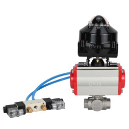 Кран шаровой BV3232P(4pc)-SP-3WL-T-ISO-H 2 1/2″ Ду65 Ру40 стандартнопроходной трехходовой L-тип, нержавеющая сталь SS316, внутренняя резьба, уплотнение - PTFE, с пн.приводом PA-DA-083 пн.распределителем 4V320-08 AC220V БКВ APL-510N-EX