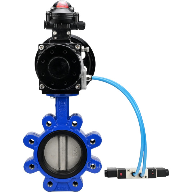 Затвор дисковый поворотный WBV1631N-2W-Fb-H Ду125 Ру16 LUG корпус - чугун QT450, диск - нержавеющая сталь 304, уплотнение - NBR, с пневмоприводом PA-DA-105-1, пневмораспределителем 4V320-10 AC220V и БКВ APL-210N