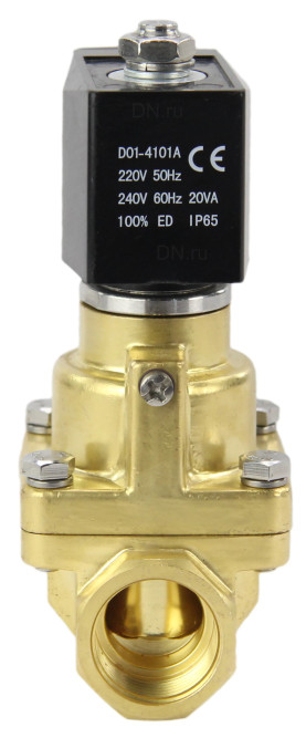 Клапан электромагнитный VS1000-PT-NC-24VAC 1 1/2″ Ду40 Ру12 соленоидный двухходовой поршневой, резьбовой, корпус - латунь, уплотнение - PTFE, пилотного действия, нормально закрытый, катушка - 24В AC
