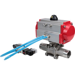 Кран шаровой BV3131P(3pc)-FP-W-ISO-H LONG Ду25 Ру63 полнопроходной, корпус - нержавеющая сталь 304, уплотнение - PTFE, под приварку, с пневмоприводом PA-SA-105 и пневмораспределителем 4V320-10 AC220V
