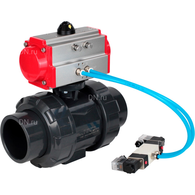 Кран шаровой BV4242E-FP-GRM-ISO Дн80 Ру10 полнопроходной, корпус - НПВХ, шар - НПВХ, уплотнение - EPDM, с пневмоприводом PA-DA-065 и пневмораспределителем 4V320-10 AC220V