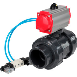 Кран шаровой BV4242E-FP-GRM-ISO Дн80 Ру10 полнопроходной, корпус - НПВХ, шар - НПВХ, уплотнение - EPDM, с пневмоприводом PA-DA-065 и пневмораспределителем 4V320-10 AC220V