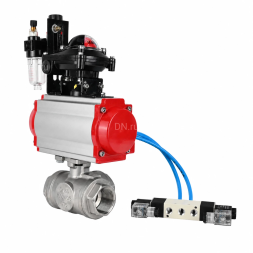 Кран шаровой BV3232P(4pc)-SP-3WL-T-ISO-H WDVF Ду40 Ру63 стандартнопроходной, 3-ходовой L-тип, внутренняя резьба, нержавеющая сталь AISI 316, PTFE, с пневмоприводом PA-SA-130, пневмораспределителем 4V320-10 AC220V, БКВ APL-210N и БПВ AFC2000