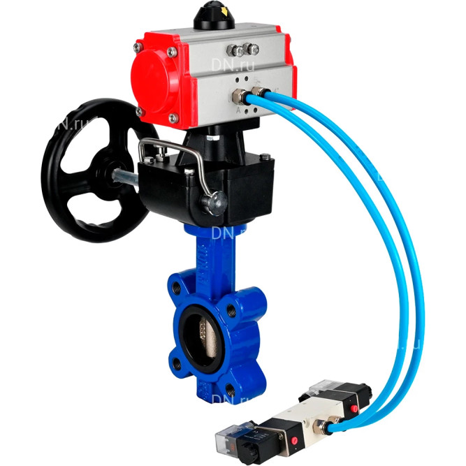 Затвор дисковый поворотный WBV1616E-2W-Fb-H Ду150 Ру16 LUG, корпус - чугун QT450, диск - чугун QT450, уплотнение - EPDM, с пневмоприводом PA-DA-105, пневмораспределителем 4M320-08 AC220V и ручным дублером MON3-700-T38-ISO