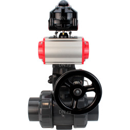 Кран шаровой BV4242E-FP-GRM-ISO Дн32 Ру10 полнопроходной, корпус - НПВХ, шар - НПВХ, уплотнение - EPDM, с пневмоприводом PA-DA-052, пневмораспределителем 4M310-08 AC220V, ручным дублером MON1-250-T26-ISO и БКВ APL-510N EX