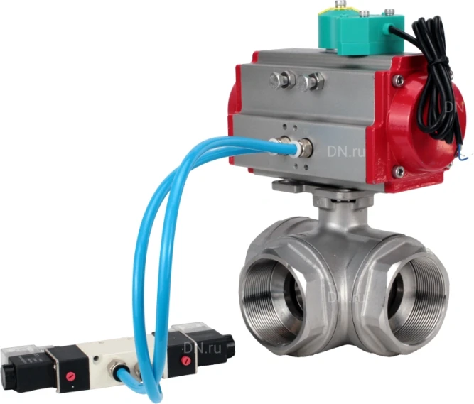 Кран шаровой BV3232P(4pc)-SP-3WL-T-ISO-H Ду20 Ру63 стандартнопроходной L-тип, внутренняя резьба, корпус - нержавеющая сталь 316, PTFE, с пневмоприводом PA-DA-052, пневмораспределителем 4V320-08 AC220V и магнитным переключателем ALS200D