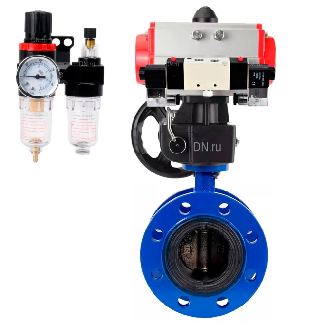 Затвор дисковый поворотный WBV1331E-2W-F-H Ду200 Ру16 фланцевый, чугун GGG40, нержавеющая сталь 304, EPDM, с пневмоприводом PA-DA-140, пневмораспределителем 4V320-08 AC220V, ручным дублером MON4-1200-T54-ISO и БПВ AFC2000