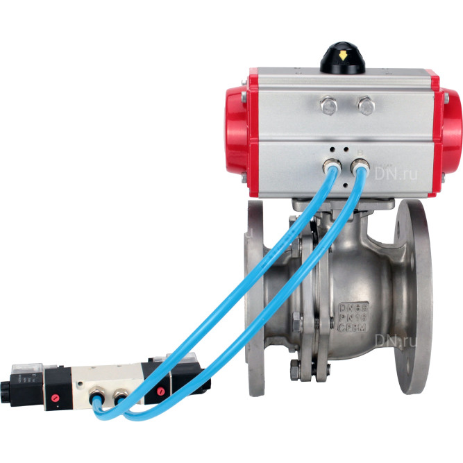 Кран шаровой BV3232P(2pc)-FP-F-ISO-H Ду40 Ру40, полнопроходной фланцевый, нержавеющая сталь SS316, уплотнение - PTFE, с пневмоприводом PA-DA-083 двойного действия, с пневмораспределителем 4V320-08 AC220V