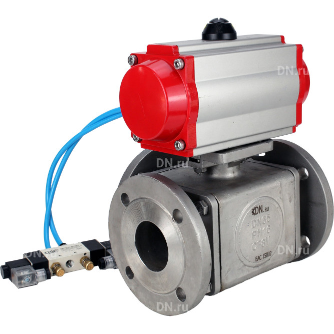 Кран шаровой BV3232P(4pc)-FP-3WL-F Ду15 Ру16 полнопроходной трехходовой, фланцевый, корпус - нержавеющая сталь SS316, с пневмоприводом PA-SA-052 с возвратными пружинами и пневмораспределителем 4V320-10 AC220V
