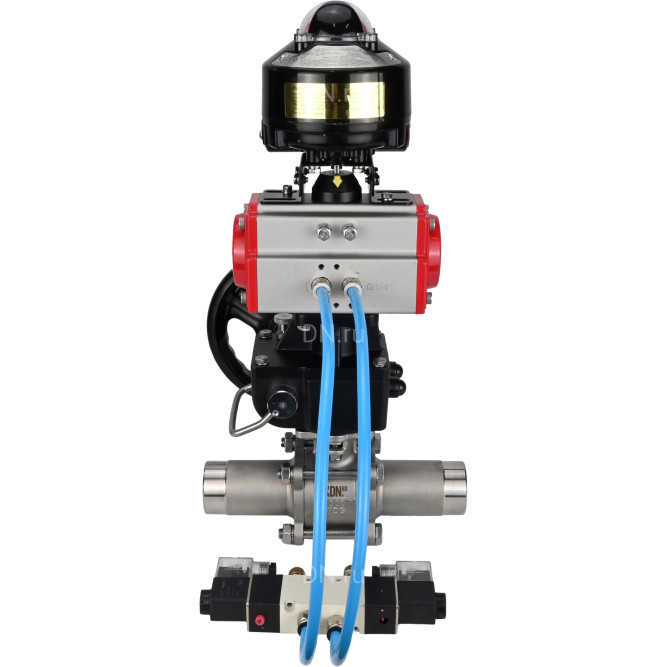 Кран шаровой BV3232P(3pc)-FP-W-ISO-H LONG Ду125 Ру16, полнопроходной, нержавеющая сталь 316, уплотнение - PTFE, под приварку, с пневмоприводом PA-DA-130, с пневмораспределителем 4V320-08 AC220V, БКВ APL-510N Ex, ручным дублером MON3-700-T38-ISO