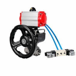 Кран шаровой BV3232P(4pc)-SP-3WT-T-ISO-H WDVF Ду25 Ру63 стандартнопроходной, 3-ходовой Т-тип, внутренняя резьба, нержавеющая сталь AISI 316, с пневмоприводом PA-DA-065, пневмораспределителем 4V320-08 AC220V и ручным дублером MON1-250-T26-ISO