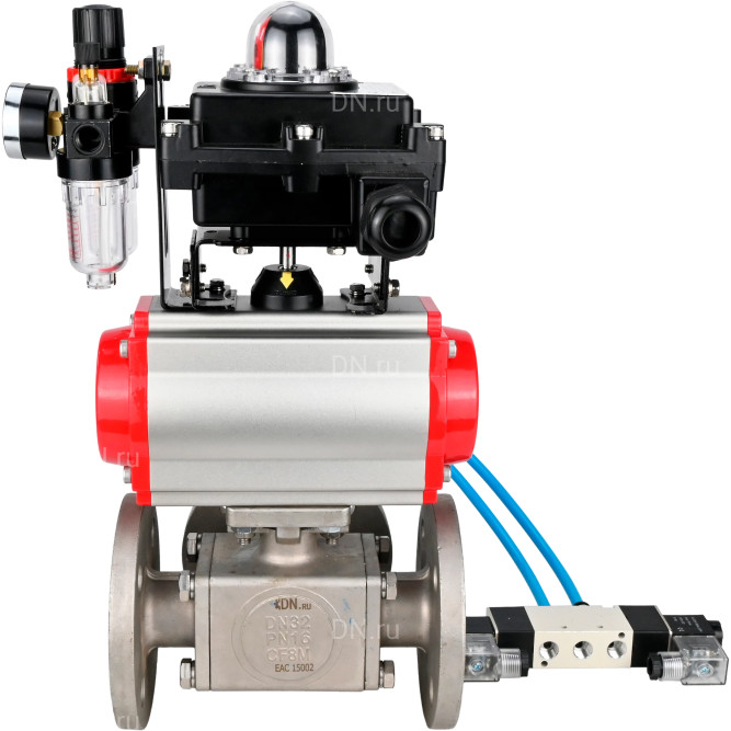 Кран шаровой BV3232P(4pc)-FP-3WL-F Ду15 Ру16 полнопроходной трехходовой, фланцевый, корпус - нержавеющая сталь SS316, с пневмоприводом PA-DA-052 двойного действия, пневмораспределителем 4V320-08 AC220V, БКВ APL-410N EX и БПВ AFC2000