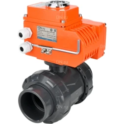 Кран шаровой BV4242E-FP-GRM-ISO Дн15 Ру10 полнопроходной, клеевой с разборным муфтовым соединением, корпус - НПВХ, шар - НПВХ, уплотнение - EPDM, с электроприводом QT-N-003EM-O1-24VDC-У1 HARK