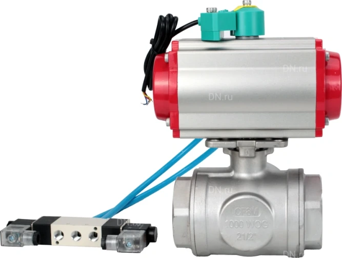 Кран шаровой BV3232P(4pc)-SP-3WL-T-ISO-H Ду50 Ру63 стандартнопроходной L-тип, внутренняя резьба, корпус - нержавеющая сталь 316, PTFE, с пневмоприводом PA-DA-065, пневмораспределителем 4V320-08 AC220V и магнитным переключателем ALS200D