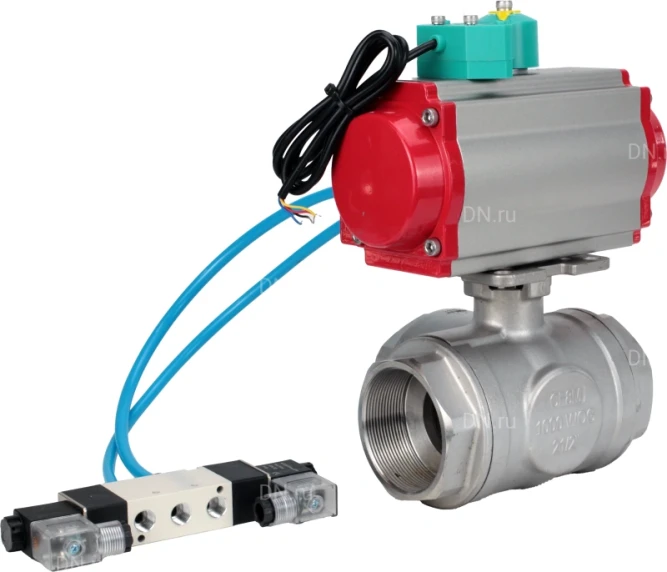 Кран шаровой BV3232P(4pc)-SP-3WL-T-ISO-H Ду50 Ру63 стандартнопроходной L-тип, внутренняя резьба, корпус - нержавеющая сталь 316, PTFE, с пневмоприводом PA-DA-065, пневмораспределителем 4V320-08 AC220V и магнитным переключателем ALS200D