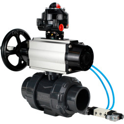 Кран шаровой BV4242E-FP-GRM-ISO Дн65 Ру10 полнопроходной, корпус - НПВХ, шар - НПВХ, уплотнение - EPDM, с пневмоприводом PA-DA-105-1, пневмораспределителем 4V320-08 AC220V и БКВ APL-510N EX