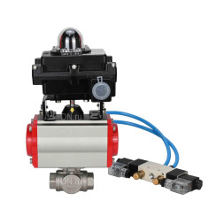 Кран шаровой BV3232P(4pc)-SP-3WL-T-ISO-H Ду50 Ру63, стандартнопроходной, четырехсоставной, корпус - нержавеющая сталь 316, уплотнение - PTFE, внутренняя резьба, с пневмоприводом PA-SA-083, пневмораспределителем 4V320-10 AC220V, БКВ APL-410N Ex