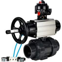 Кран шаровой BV4242E-FP-GRM-ISO Дн80 Ру10 полнопроходной, корпус - НПВХ, шар - НПВХ, уплотнение - EPDM, с пневмоприводом PA-DA-105-1, пневмораспределителем 4V320-08 AC220V и БКВ APL-510N EX