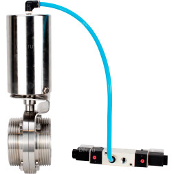 Затвор дисковый поворотный WBV3131E-2W-T-H Ду25 Ру10 резьбовой, пищевая нержавеющая сталь 304, уплотнение – EPDM, с пневмоприводом PA-SA-85 и пневмораспределителем 4V320-10 AC220V