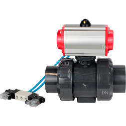 Кран шаровой BV4242E-FP-GRM-ISO Дн65 Ру10 полнопроходной, корпус - НПВХ, шар - НПВХ, уплотнение - EPDM, с пневмоприводом PA-SA-065 и пневмораспределителем 4V320-10 AC220V