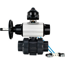 Кран шаровой BV4242E-FP-GRM-ISO Дн100 Ру10 полнопроходной, корпус - НПВХ, шар - НПВХ, уплотнение - EPDM, с пневмоприводом PA-DA-105-1, пневмораспределителем 4V320-08 AC220V и БКВ APL-510N EX