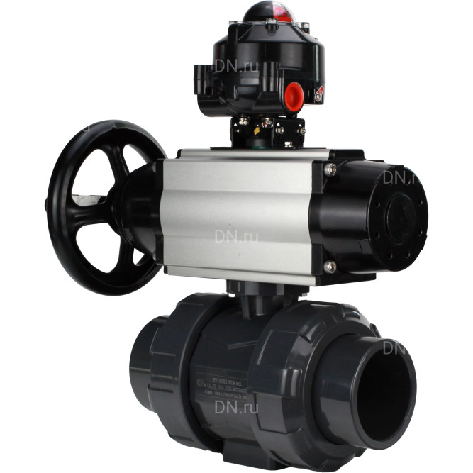 Кран шаровой BV4242E-FP-GRM-ISO Дн15 Ру10 полнопроходной, корпус - НПВХ, шар - НПВХ, уплотнение - EPDM, с пневмоприводом PA-DA-105-1 и БКВ APL-510N EX