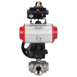 Кран шаровой BV3232P(4pc)-SP-3WL-T-ISO-H Ду20 Ру63 стандартнопроходной трехходовой L-тип, нержавеющая сталь SS316, внутренняя резьба, уплотнение - PTFE, с пневмоприводом PA-DA-065, БКВ APL-410N EX и ручным дублером MON1-250-T26-ISO