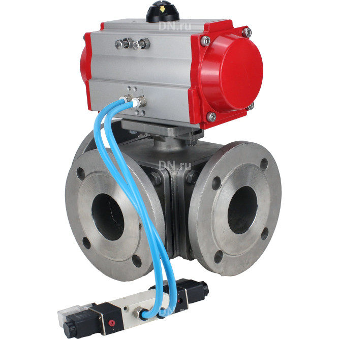 Кран шаровой BV3232P(4pc)-FP-3WL-F Ду50 Ру16 полнопроходной трехходовой, фланцевый, корпус - нержавеющая сталь SS316, с пневмоприводом PA-SA-105 с возвратными пружинами и пневмораспределителем 4V320-10 AC220V