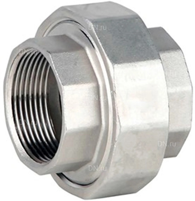 Соединение разъемное (американка) А-304-ВР-ВР-PTFE 1 1/2″ Ду40 Ру20 с уплотнением под гайкой по плоскости, корпус - нержавеющая сталь AISI 304, присоединение - внутренняя/внутренняя резьба, тип резьбы - BSPP
