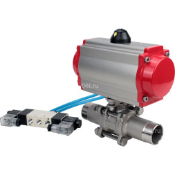 Кран шаровой BV3131P(3pc)-FP-W-ISO-H LONG Ду25 Ру63 полнопроходной, корпус - нержавеющая сталь 304, уплотнение - PTFE, под приварку, с пневмоприводом PA-DA-083 и пневмораспределителем 4V320-10 AC220V