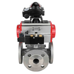 Кран шаровой BV3232P(4pc)-FP-3WL-F Ду25 Ру16 полнопроходной трехходовой, фланцевый, корпус - нержавеющая сталь SS316, с пневмоприводом PA-DA-052 двойного действия, пневмораспределителем 4M310-08 AC220V и БКВ APL-210N
