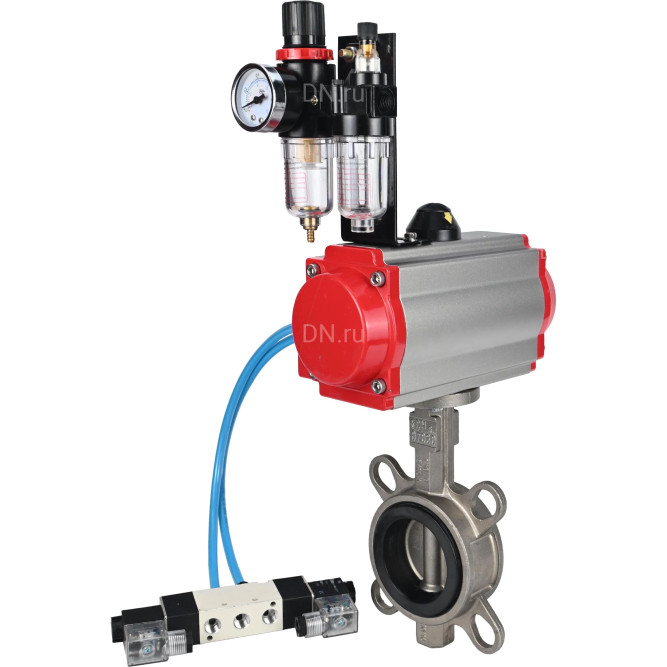 Затвор дисковый поворотный WBV3131N-2W-Fb-H Ду250 Ру16, корпус - нержавеющая сталь 304, диск - нержавеющая сталь 304, уплотнение - NBR, с пневмоприводом PA-DA-160, пневмораспределителем 4V320-10 AC220V и БПВ AFC2000