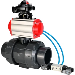 Кран шаровой BV4242E-FP-GRM-ISO Дн15 Ру10 полнопроходной, корпус - НПВХ, шар - НПВХ, уплотнение - EPDM, с пневмоприводом PA-SA-052, пневмораспределителем 4V320-10 AC220V и БКВ APL-210N