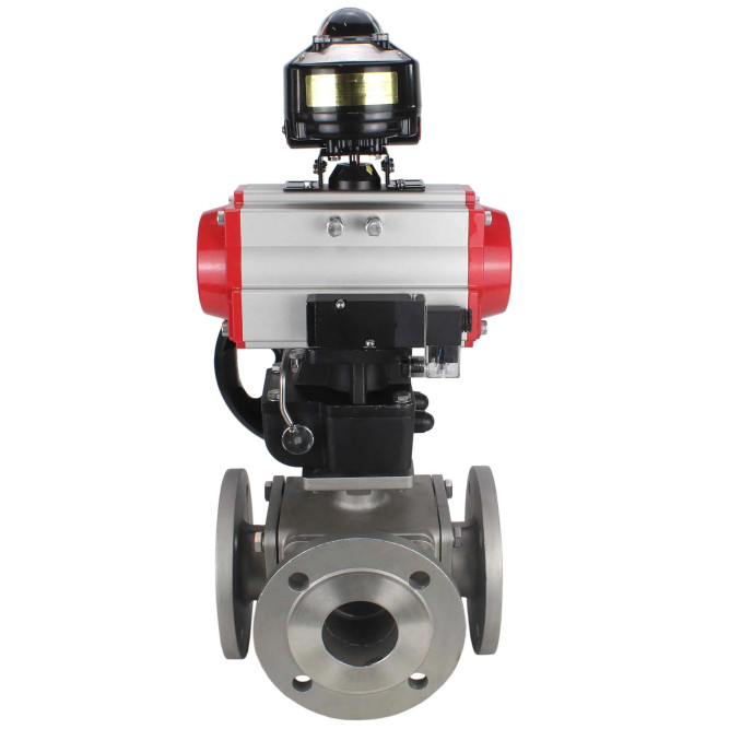 Кран шаровой BV3232P(4pc)-FP-3WL-F Ду15 Ру16 полнопроходной трехходовой, фланцевый, корпус - нержав.сталь SS316, пневмопривод PA-DA-052 двойн.действия, пневмораспределитель 4M310-08 AC220V, БКВ APL-510N EX и ручной дублер MON1-250-T26-ISO